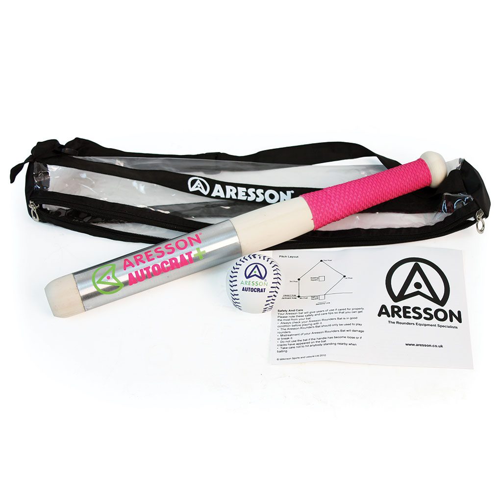 Aresson Autocrat Plus Rounders Bat & Ball Pack by Aresson, shown with pink grip, carrying bag, instruction sheet, logo card, and rounders ball on a white background.