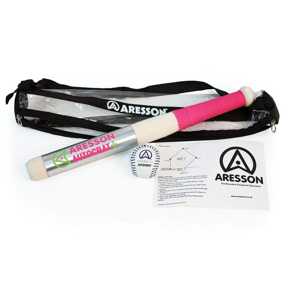 Aresson Autocrat Plus Rounders Bat & Ball Pack by Aresson, shown with pink grip, carrying bag, instruction sheet, logo card, and rounders ball on a white background.