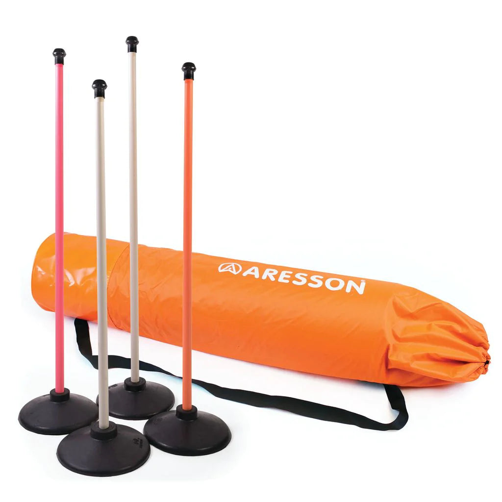 The Aresson Plastic Rounders Posts & Bases Set includes four colored posts with black bases, standing upright beside an orange Aresson carrying bag featuring a shoulder strap, designed to securely hold the set and safety pommels.