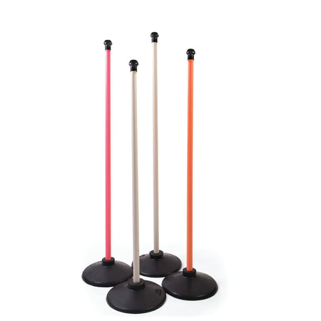 The Aresson Plastic Rounders Posts & Bases Set includes four upright posts in pink, beige, orange, and gray with plastic bases—ideal as rounders posts or safety pommels for sports activities.