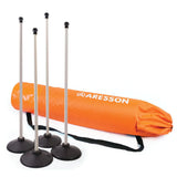 The Aresson Plastic Rounders Posts & Bases (Set of Four) features four silver posts with black bases and comes with an orange, drawstring bag labeled Aresson for convenient storage and transport.