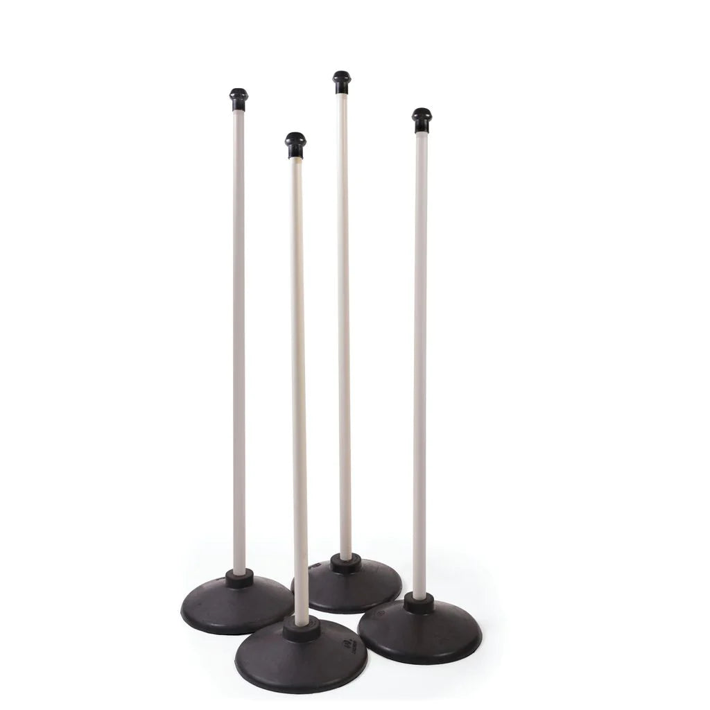 The Aresson Plastic Rounders Posts & Bases Set of Four features upright posts with black safety pommels and wide plastic bases, shown on a white background.