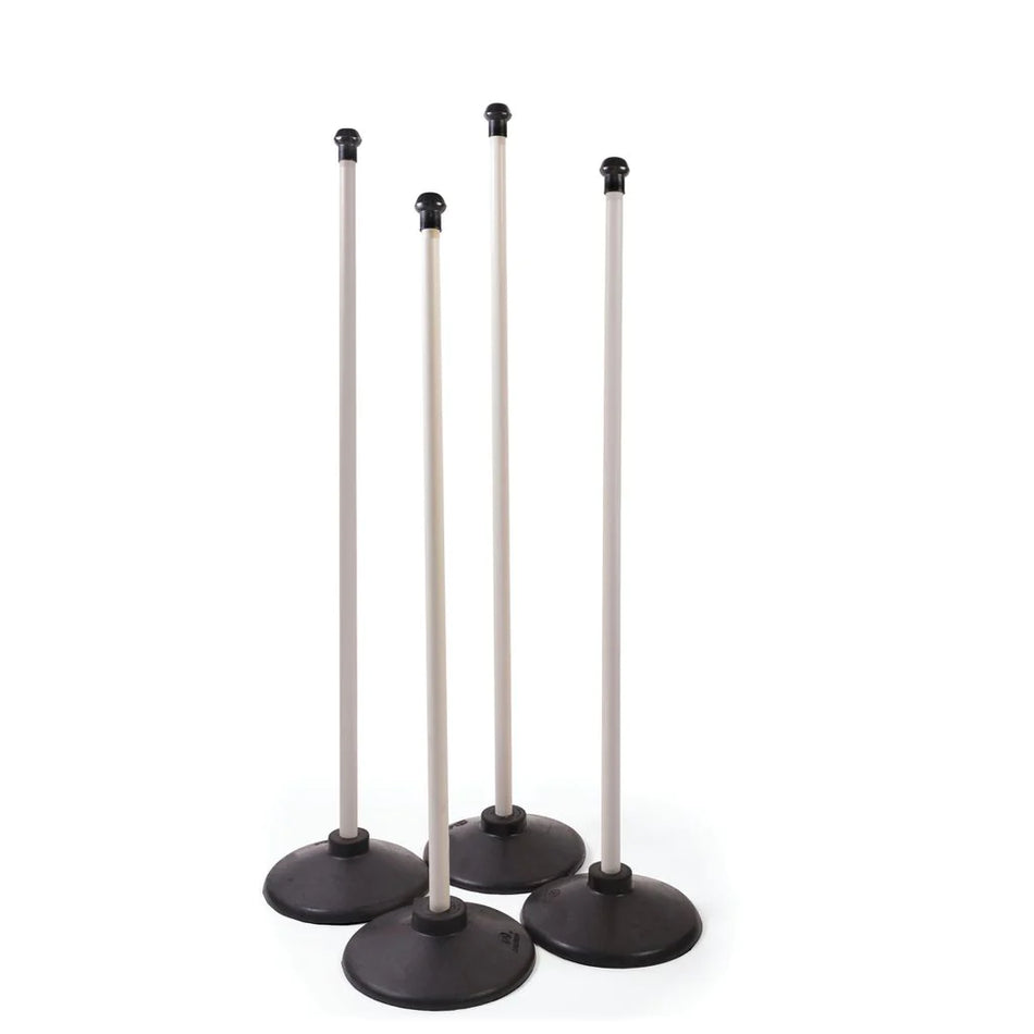 The Aresson Plastic Rounders Posts & Bases Set of Four features upright posts with black safety pommels and wide plastic bases, shown on a white background.