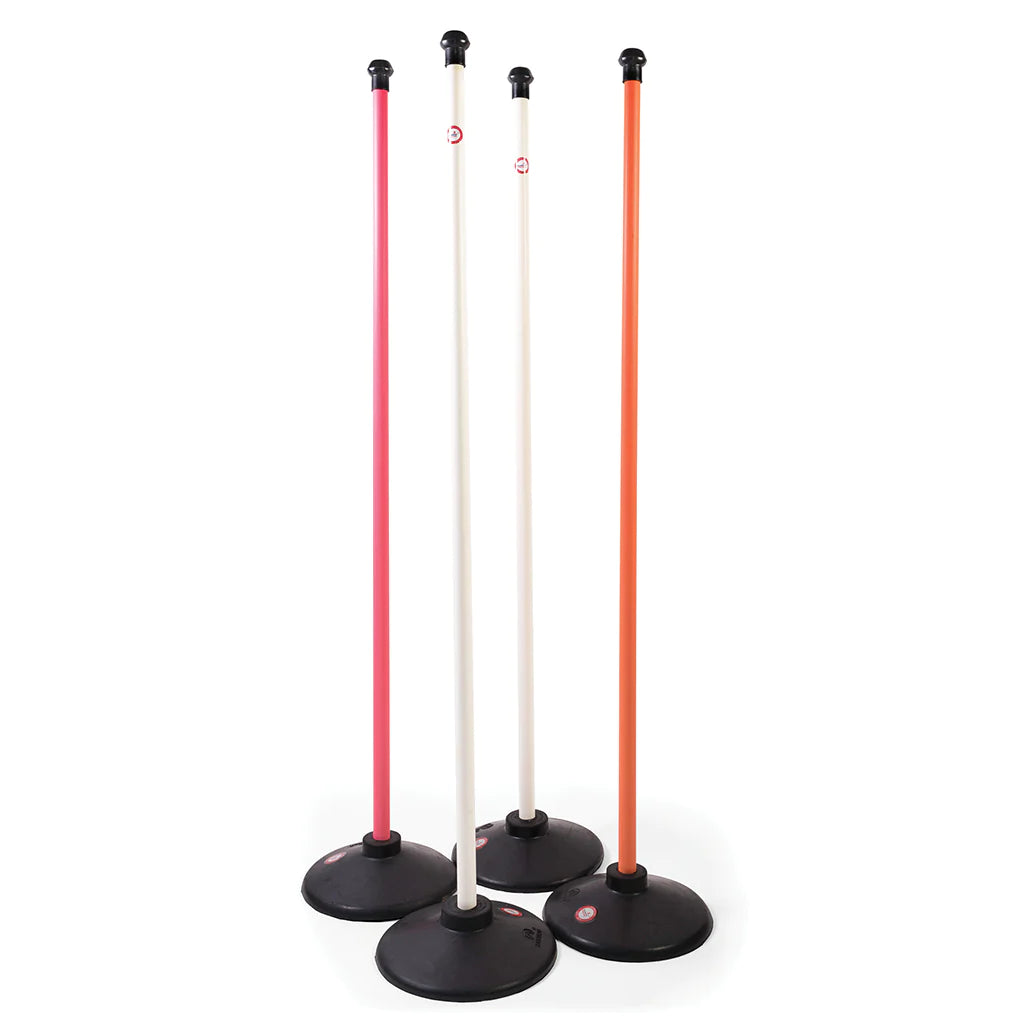 The Aresson Plastic Rounders Posts & Bases (Set of Four) features pink, white, and orange posts with black bases and safety pommels, arranged in a row against a white background.