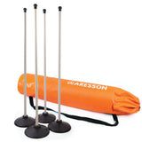 The Aresson Plastic Rounders Posts & Bases (Set of Four) features four tall posts with safety pommels, black bases, and comes with an orange Aresson-branded carrying bag with a black strap and drawstring closure.