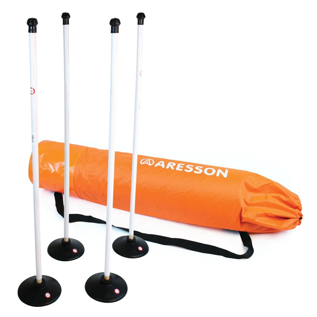 The Aresson Wooden Rounders Post Set features four wooden rounders posts with black bases, standing upright next to an orange Aresson-branded carrying bag with a black strap on a plain white background.