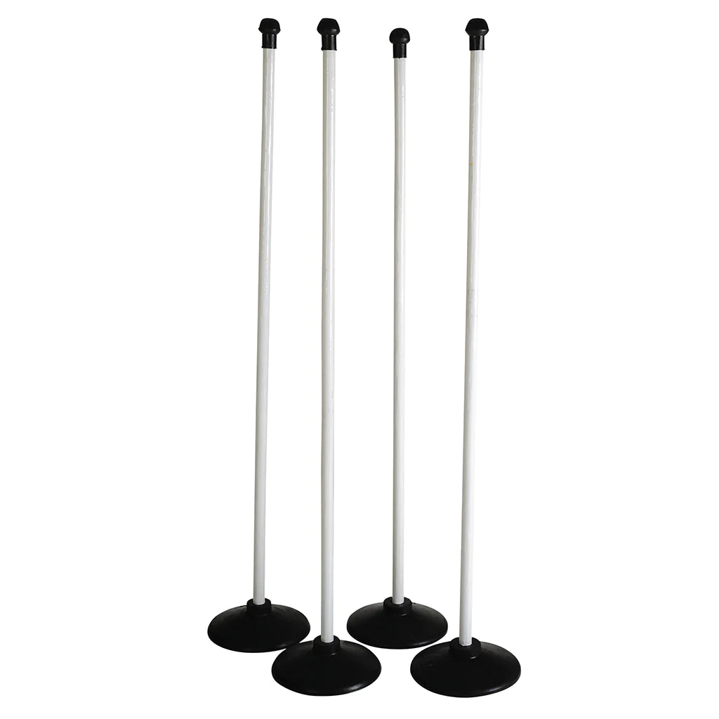 The Aresson Wooden Rounders Post Set by Aresson includes four upright wooden posts with black bases and caps, evenly spaced on a plain white background.