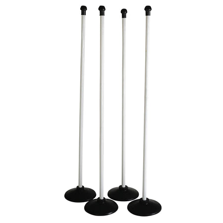The Aresson Wooden Rounders Post Set by Aresson includes four upright wooden posts with black bases and caps, evenly spaced on a plain white background.