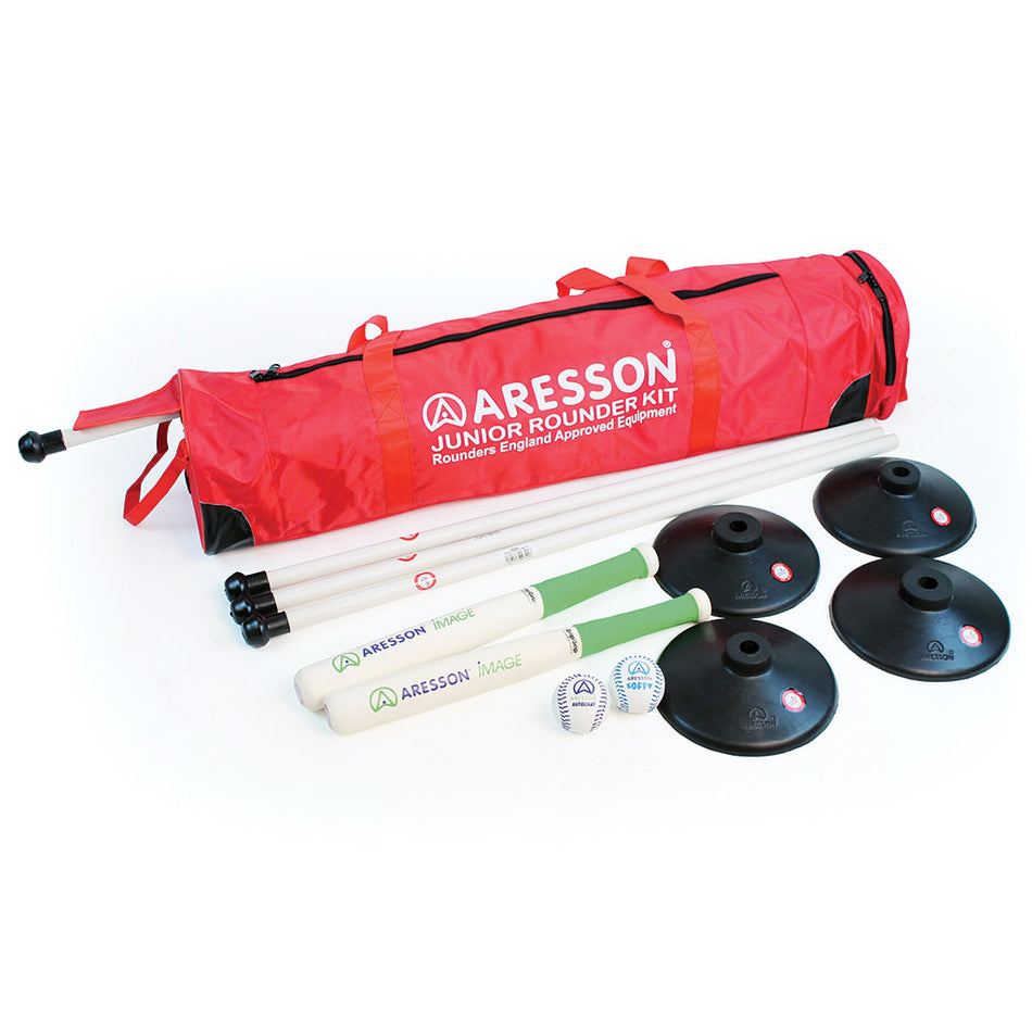 The Aresson Midi Rounders Set includes a red Aresson bag, 4 white posts with black ends, 4 black bases, 2 white rounders bats with green handles, and 2 white balls—Rounders England approved. All items are neatly shown on a white background.
