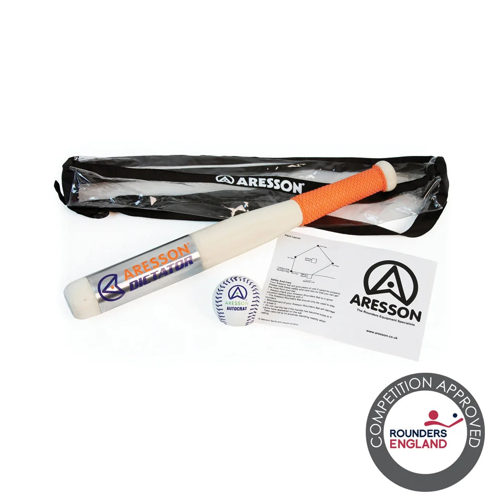 The Aresson Dictator Rounders Bat & Ball Pack by Aresson includes a white and orange rounders bat, white ball, instruction sheet, black carry case, and displays a "Competition Approved Rounders England" badge.