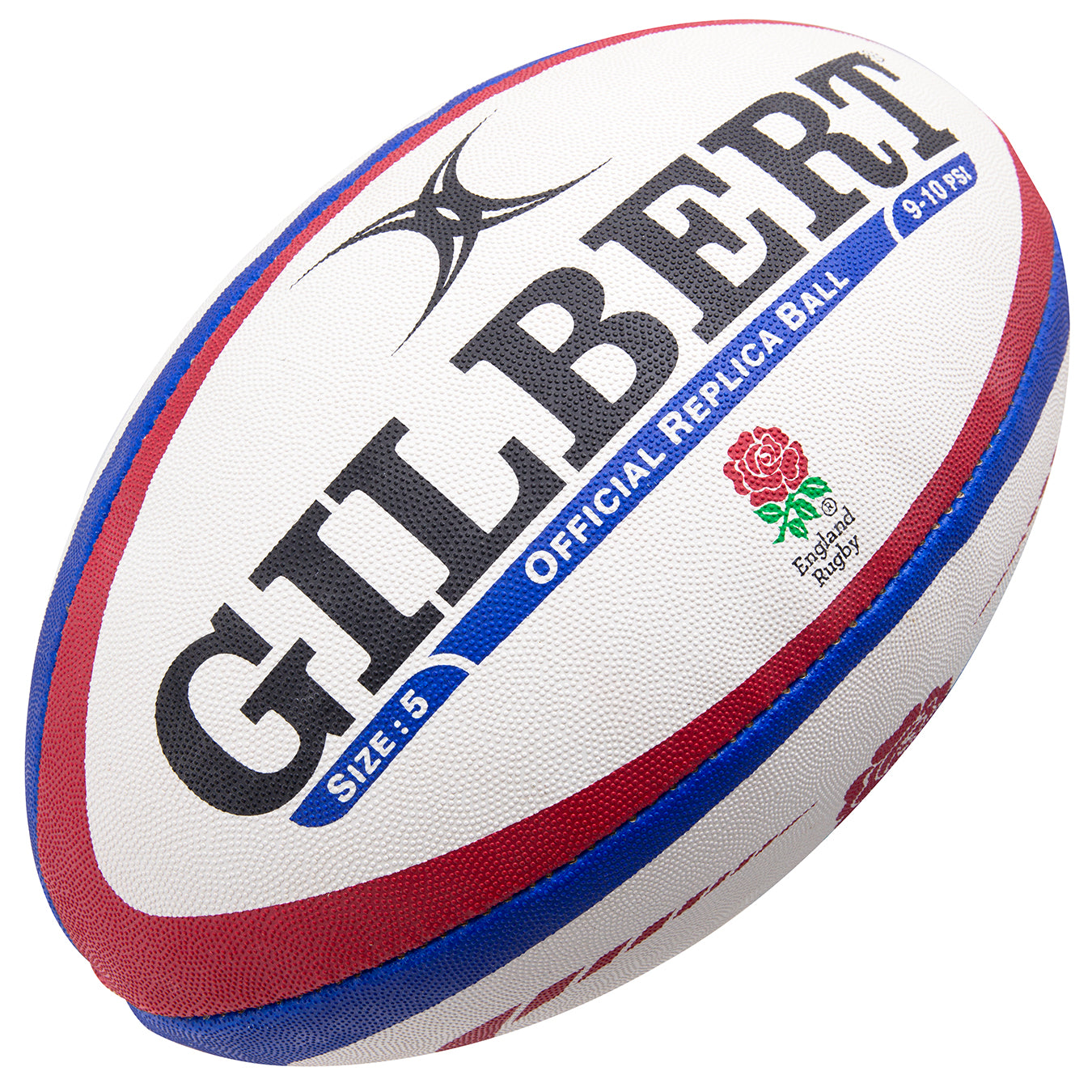 Celebrate England Rugby with the Gilbert England Replica Rugby Ball. This Size 5 ball features blue and red stripes, bold GILBERT branding, the iconic rose logo, and "Official Replica Ball"—ideal for Rugby World Cup 2023 fans.