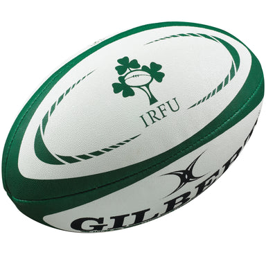 The Gilbert Ireland Replica Rugby Ball features the IRFU logo with a shamrock, white and green colors, and is ideal as a replica ball or a great gift for rugby fans.