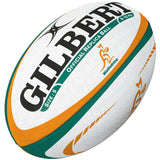 The Gilbert Australia Replica Rugby Ball is a white, green, and gold size 5 ball featuring the Wallabies logo and bold GILBERT branding—an official collectible for Rugby World Cup fans.