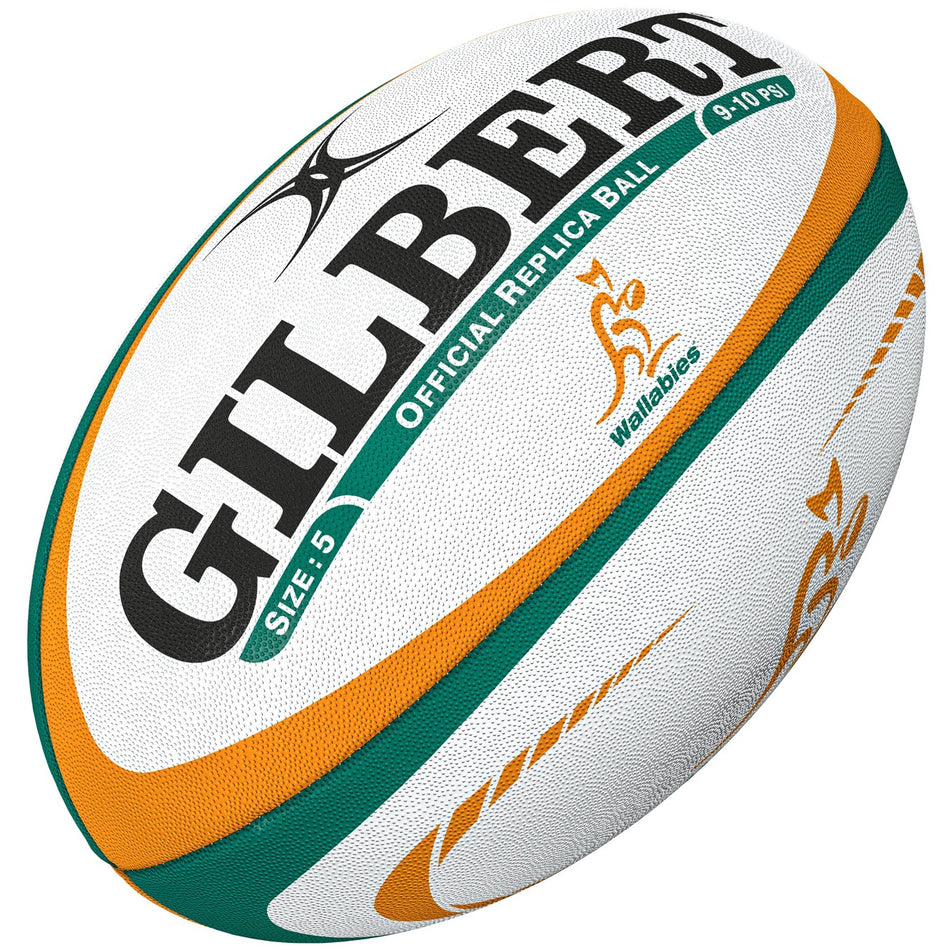 The Gilbert Australia Replica Rugby Ball is a white, green, and gold size 5 ball featuring the Wallabies logo and bold GILBERT branding—an official collectible for Rugby World Cup fans.