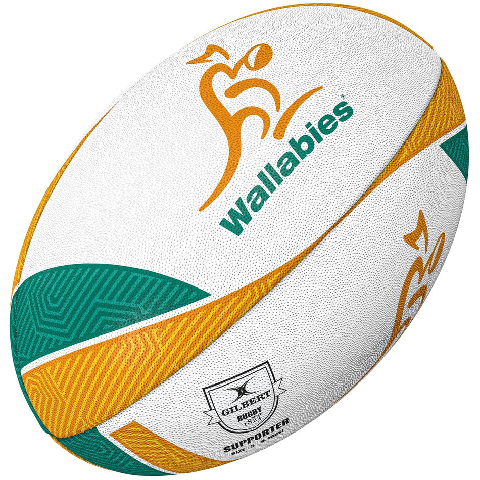 The Gilbert Australia Supporter Rugby Ball by Gilbert features the Wallabies logo with yellow and green details—a perfect collectible for any Wallabies fan and a must-have piece of rugby memorabilia.