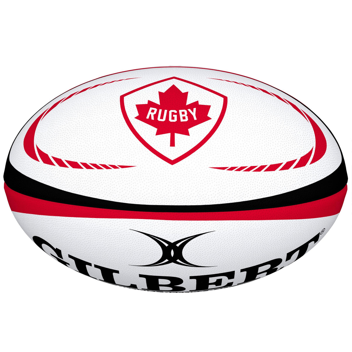 The Gilbert Canada Replica Rugby Ball by Gilbert features red and black accents, a red maple leaf and "Rugby" in the center—making it an ideal piece for any World Cup memorabilia collection.