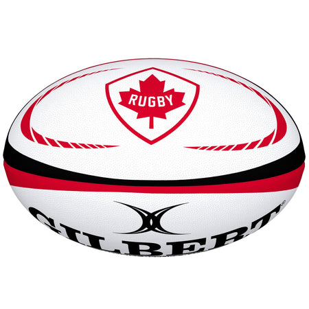 The Gilbert Canada Replica Rugby Ball by Gilbert features red and black accents, a red maple leaf and "Rugby" in the center—making it an ideal piece for any World Cup memorabilia collection.