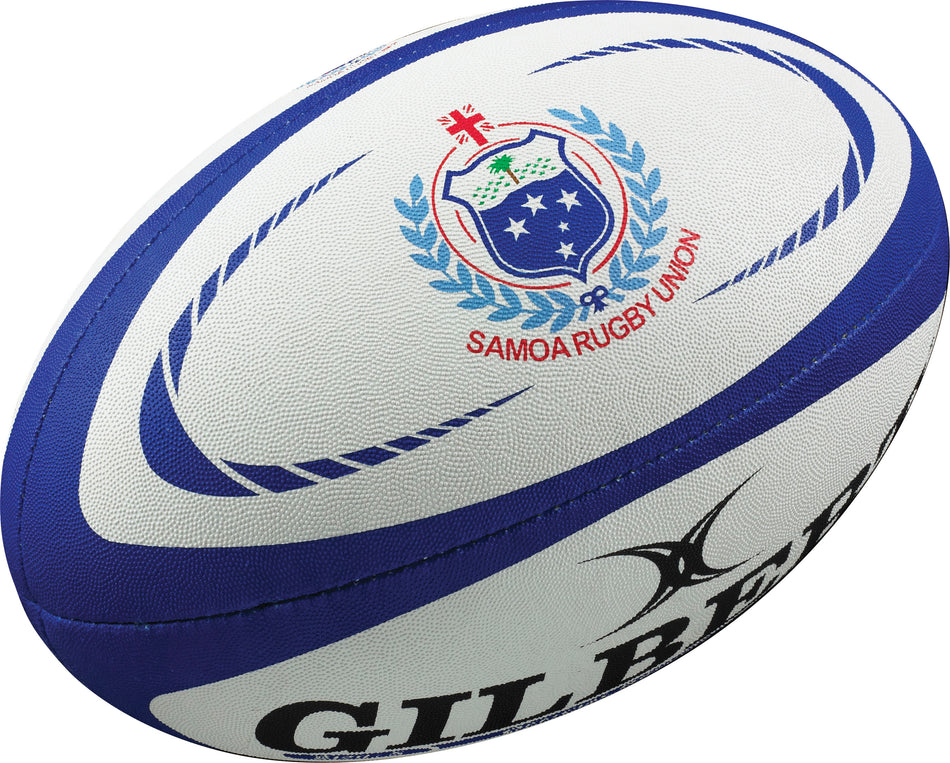 The Gilbert Samoa Replica Rugby Ball features the Samoa Rugby Union emblem, blue patterns, the Gilbert logo, and celebrates Samoa rugby at the Rugby World Cup.