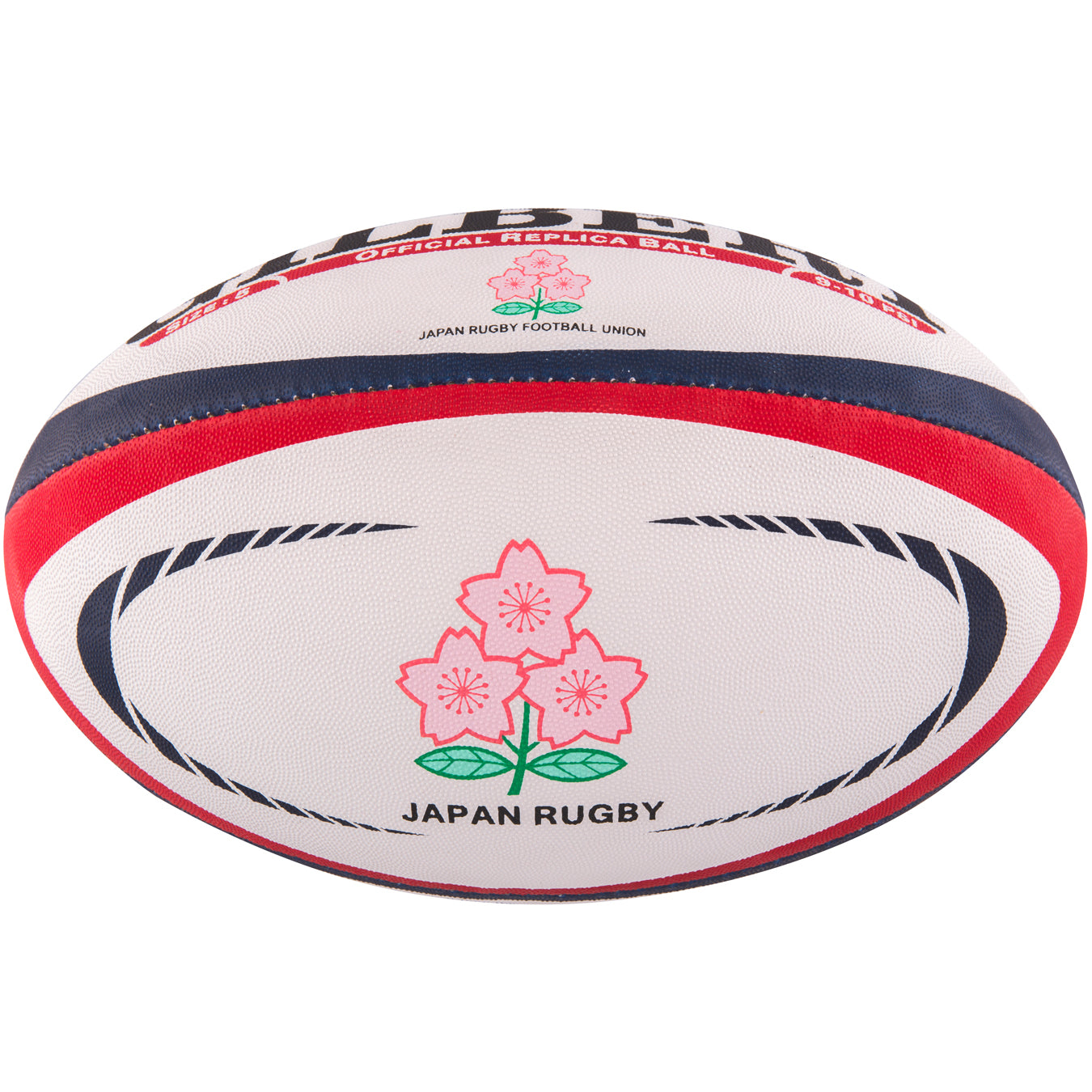 The Gilbert Japan Replica Rugby Ball by Gilbert is white with red and blue stripes, features two pink Cherry Blossoms with green stems, and has "JAPAN RUGBY" printed below the flowers.