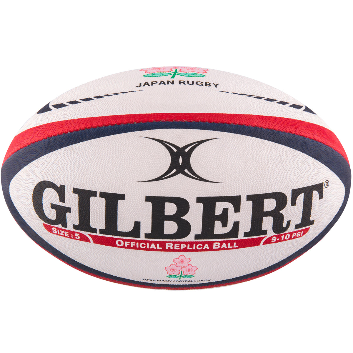The Gilbert Japan Replica Rugby Ball by Gilbert is white with red and blue stripes, bold GILBERT text, a cherry blossom JAPAN RUGBY emblem, and "Official Replica Ball" printed on it.