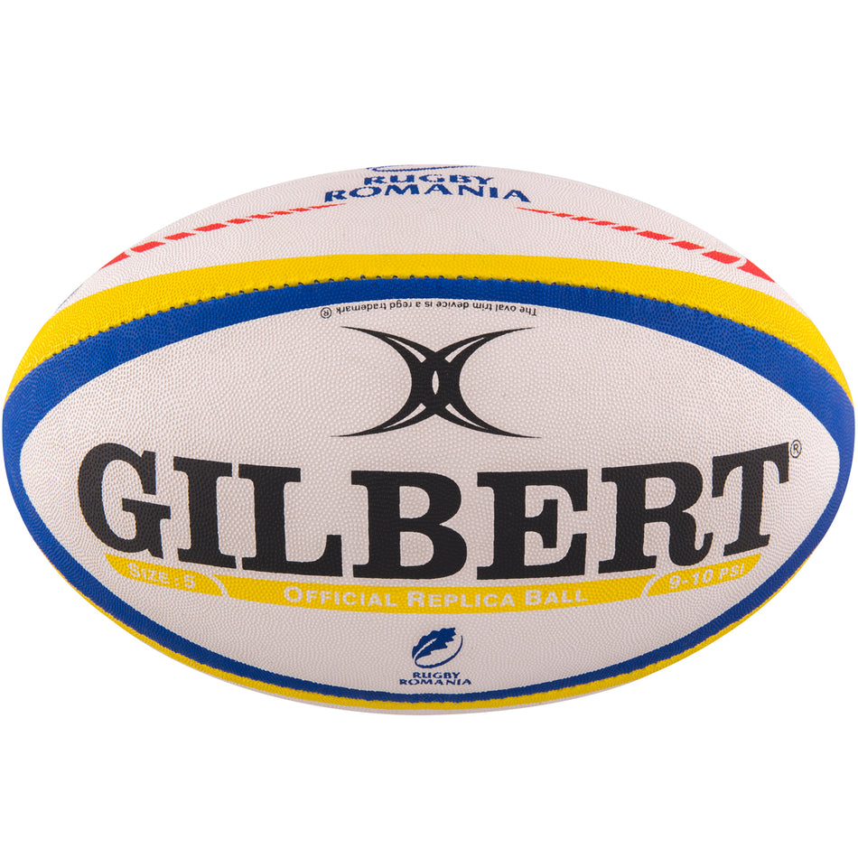 The Gilbert Romania Replica Rugby Ball features blue and yellow stripes, bold GILBERT branding, "OFFICIAL REPLICA BALL" text, and Rugby Romania at the top—a great choice for any dedicated Romania supporter.