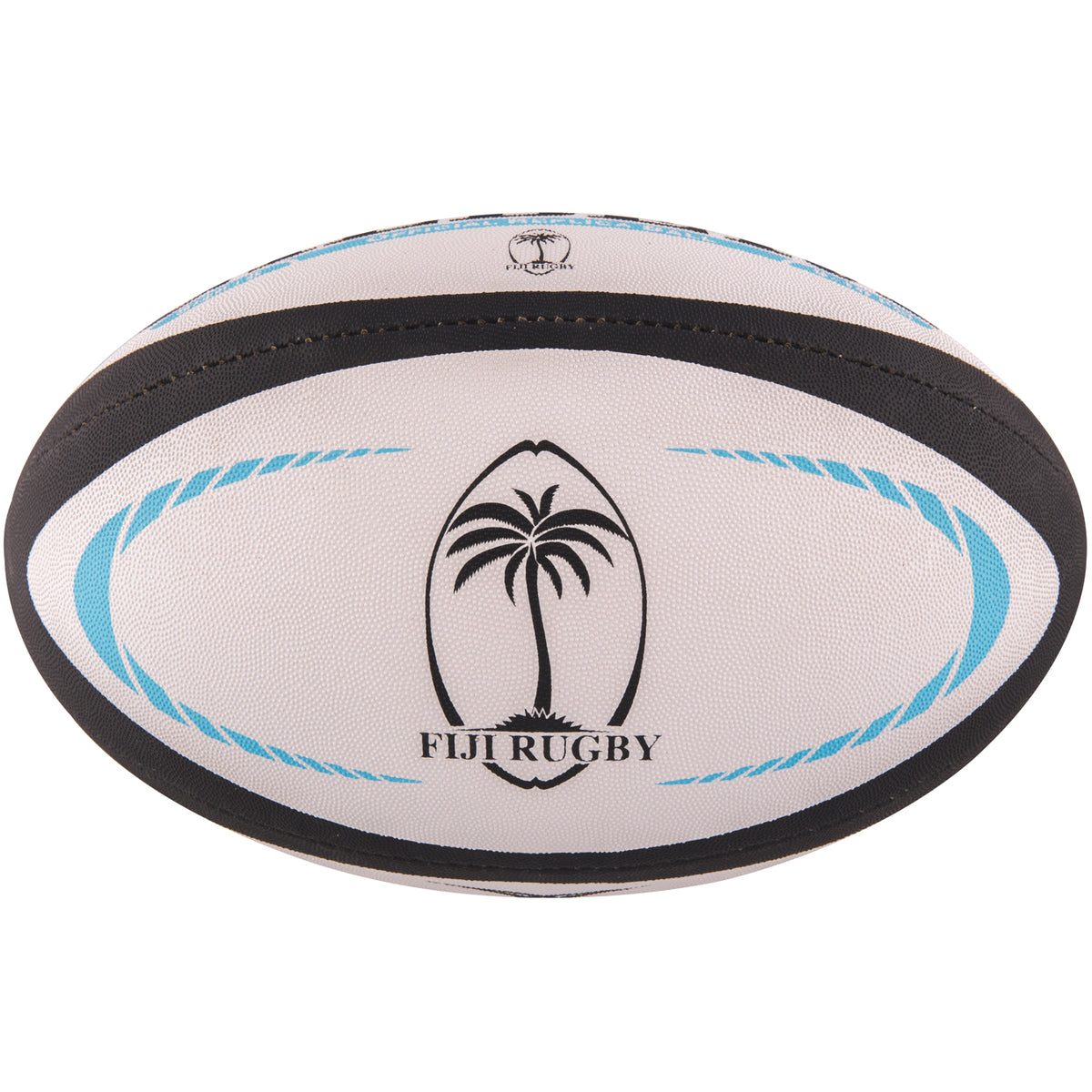 The Gilbert Fiji Replica Rugby Ball by Gilbert features a white design with black and blue accents, palm tree logo, and "FIJI RUGBY" text—a perfect collectible for fans supporting Fiji at Rugby World Cup 2023.