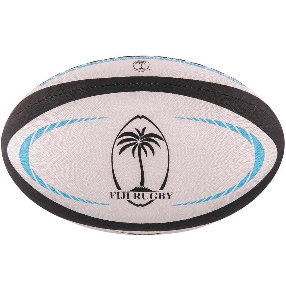 The Gilbert Fiji Replica Rugby Ball by Gilbert features a white design with black and blue accents, palm tree logo, and "FIJI RUGBY" text—a perfect collectible for fans supporting Fiji at Rugby World Cup 2023.