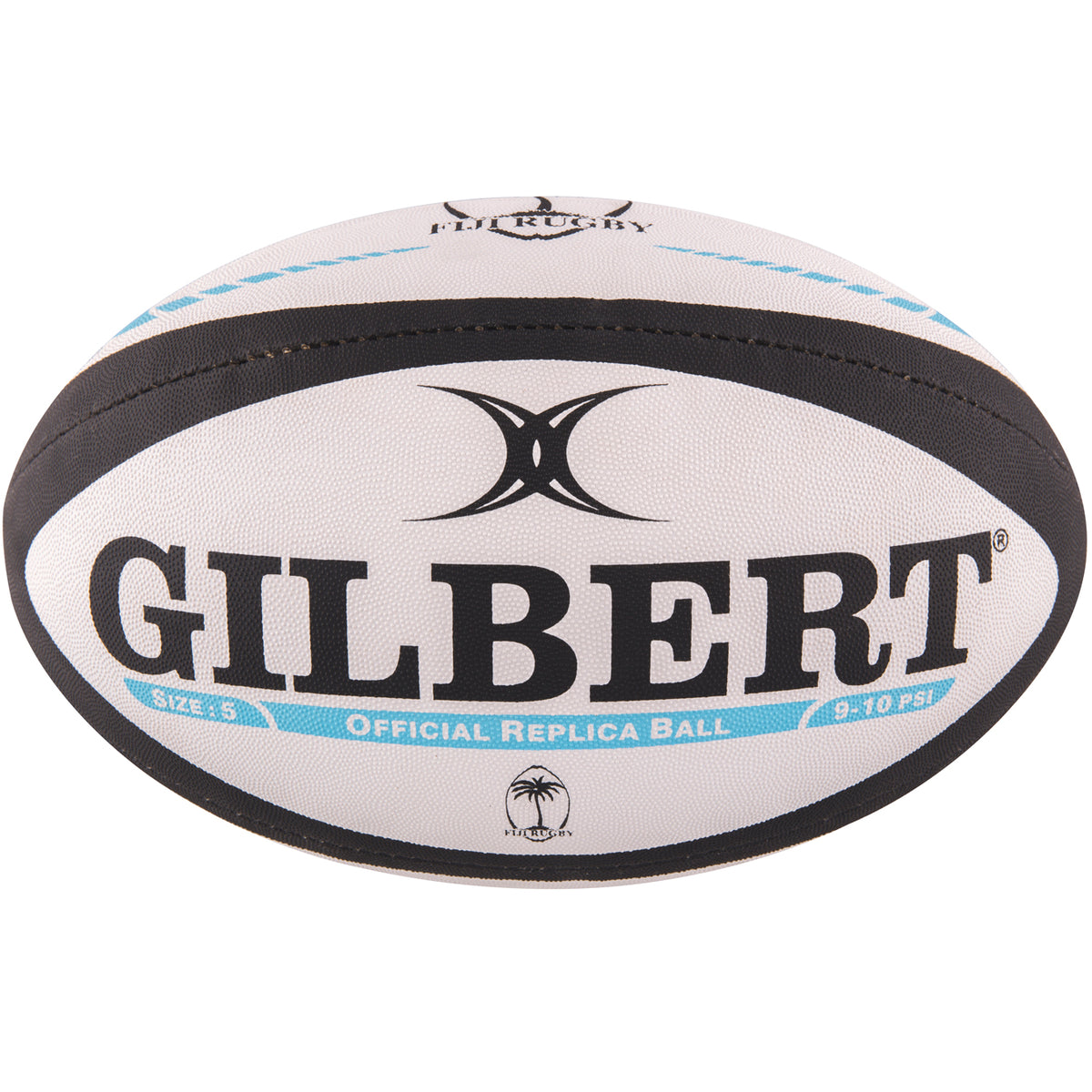 The Gilbert Fiji Replica Rugby Ball features a white design with black accents, bold GILBERT branding, the logo above, and "OFFICIAL REPLICA BALL" in blue—ideal for any Fiji rugby or Rugby World Cup 2023 fan.