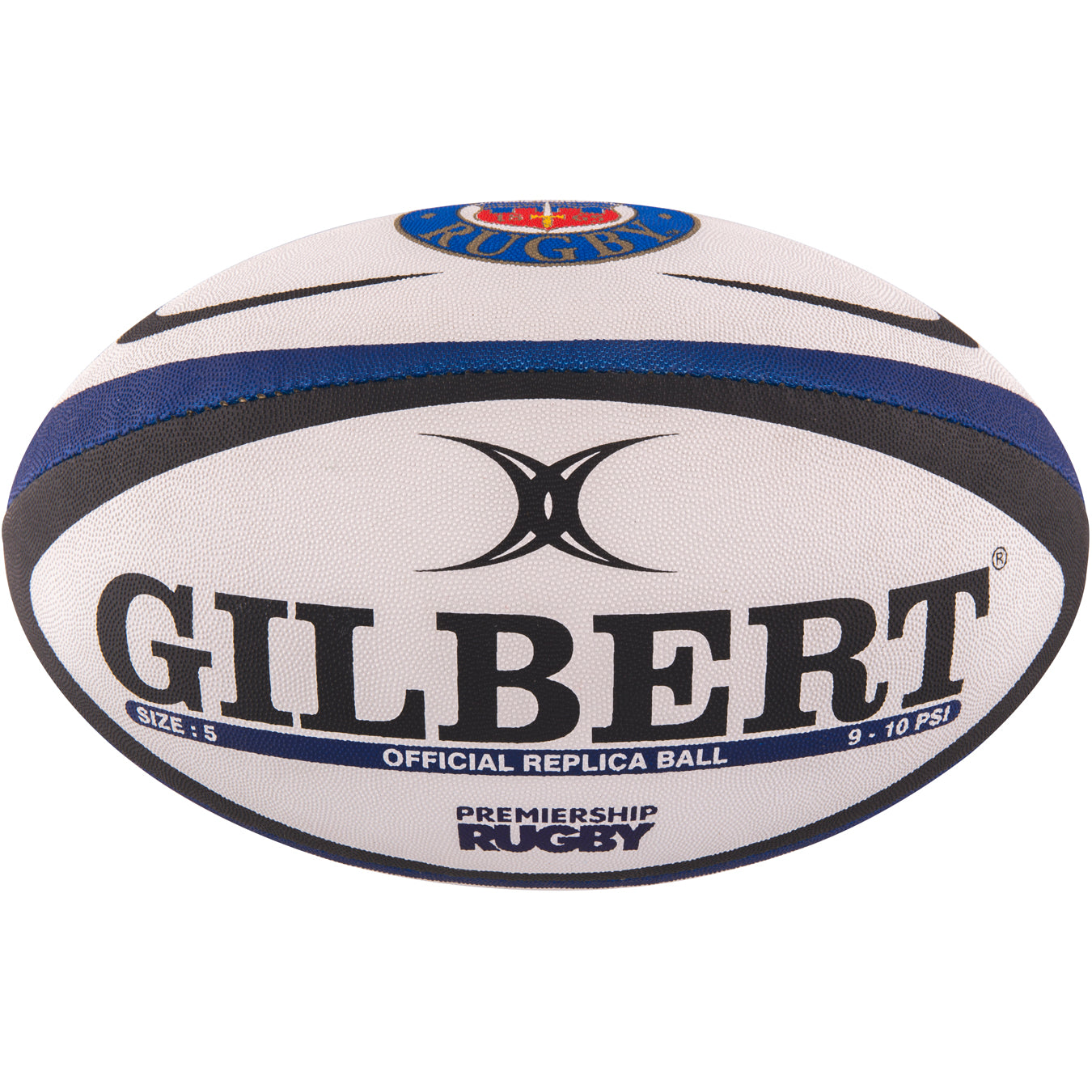 The Gilbert Bath Replica Rugby Ball is a size 5 white and blue ball with black accents, featuring GILBERT branding and Gallagher Premiership Rugby text. Inflate to 9-10 PSI.