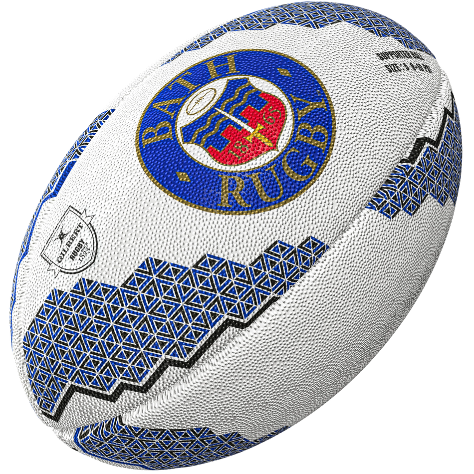 The Gilbert Bath Supporter Rugby Ball by Gilbert features white with blue and black geometric patterns, plus the Bath Rugby club logo and text in blue and gold—ideal for any Gallagher Premiership Rugby fan.
