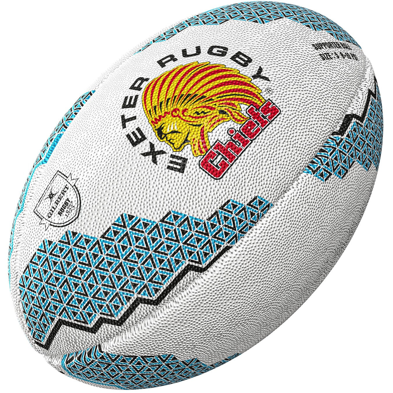 The Gilbert Exeter Chiefs Supporter Rugby Ball features blue geometric patterns, black zigzag lines, and the iconic yellow and red Native American headdress logo—ideal for any Exeter Chiefs or Gallagher Premiership Rugby fan.