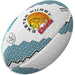The Gilbert Exeter Chiefs Supporter Rugby Ball features blue geometric patterns, black zigzag lines, and the iconic yellow and red Native American headdress logo—ideal for any Exeter Chiefs or Gallagher Premiership Rugby fan.