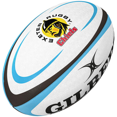 The Gilbert Exeter Chiefs Replica Rugby Ball features blue and black accents, the Exeter Chiefs logo, and “Exeter Rugby Chiefs” in black and red—a must-have for fans of the Gallagher Premiership Rugby team.