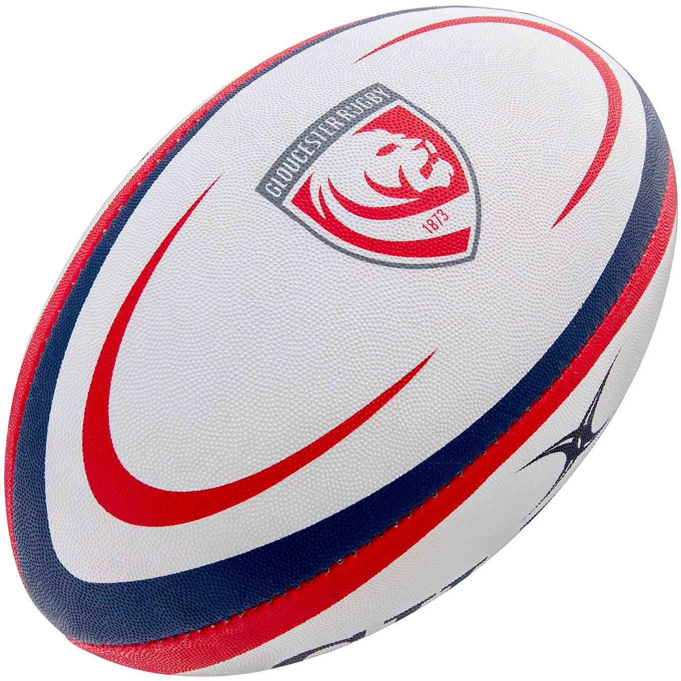 The Gilbert Gloucester Replica Rugby Ball by Gilbert features white panels with red and navy curved stripes, plus the iconic Gloucester Rugby club logo—a lion’s head and “1873”—at the center, ideal for any Premiership Rugby fan.