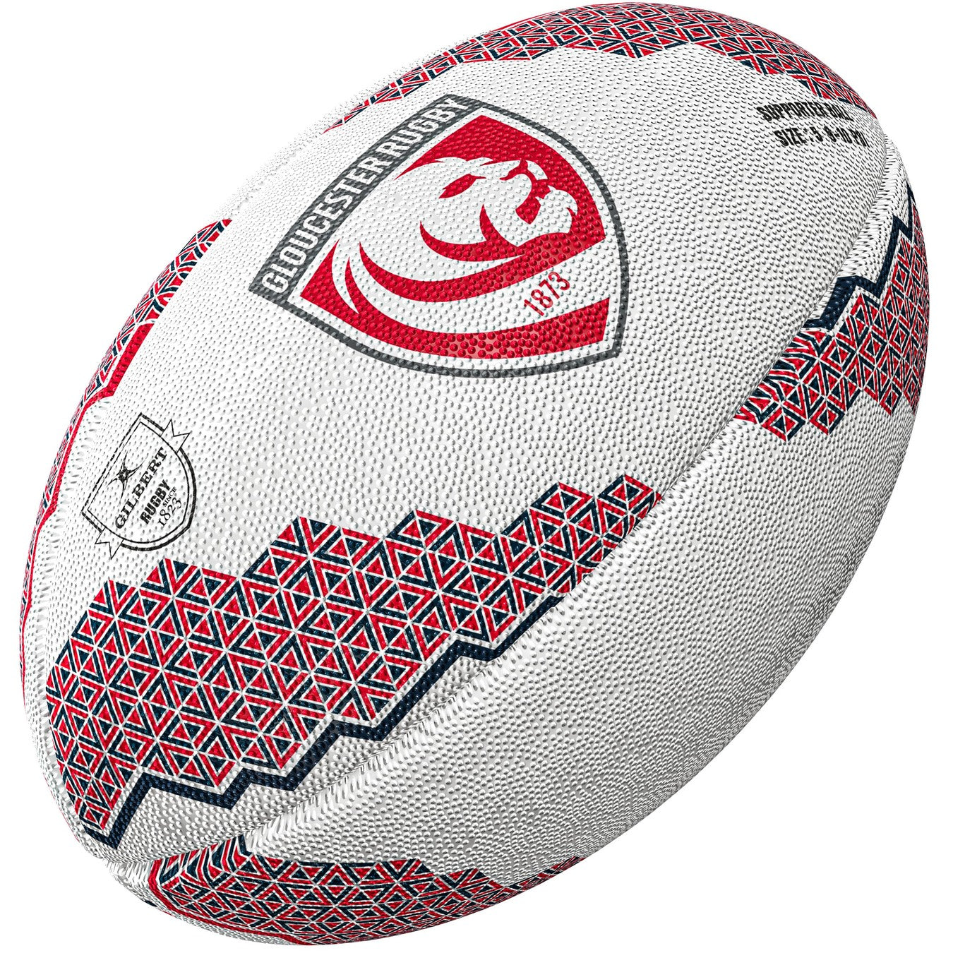 The Gilbert Gloucester Supporter Rugby Ball by Gilbert features red and black geometric patterns with the club’s lion logo and “1873” in the center—ideal for any Gallagher Premiership fan or rugby supporter ball collection.