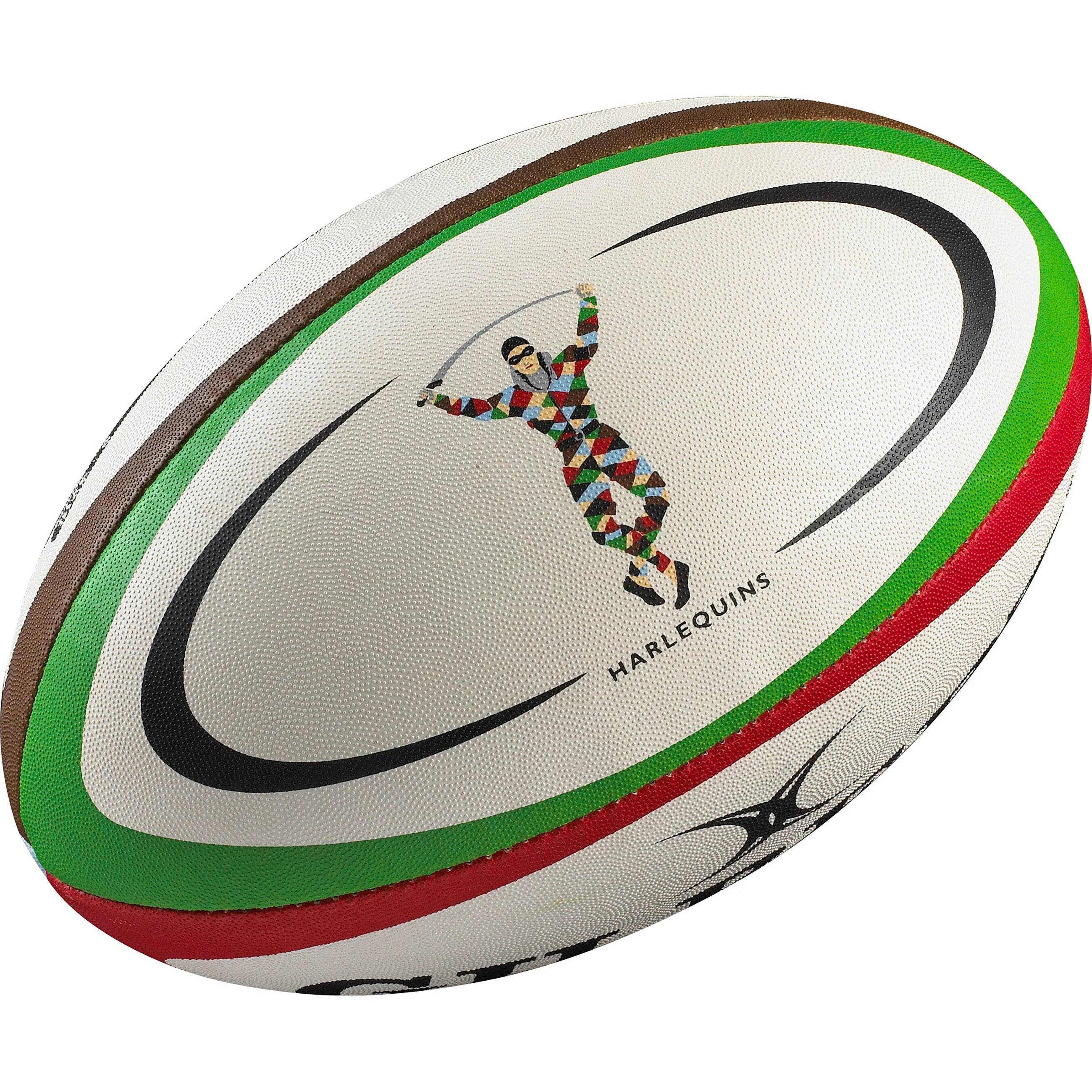 The Gilbert Harlequins Replica Rugby Ball by Gilbert is white with green and red stripes, a colorful harlequin figure in the center, and "HARLEQUINS" below—ideal for Gallagher Premiership rugby fans.