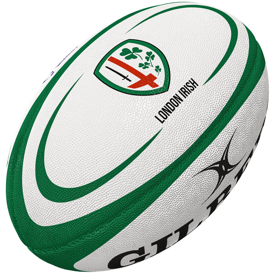 The Gilbert London Irish Replica Rugby Ball features the club logo and name, plus the Gilbert brand logo—ideal for Gallagher Premiership Rugby fans and London Irish supporters.