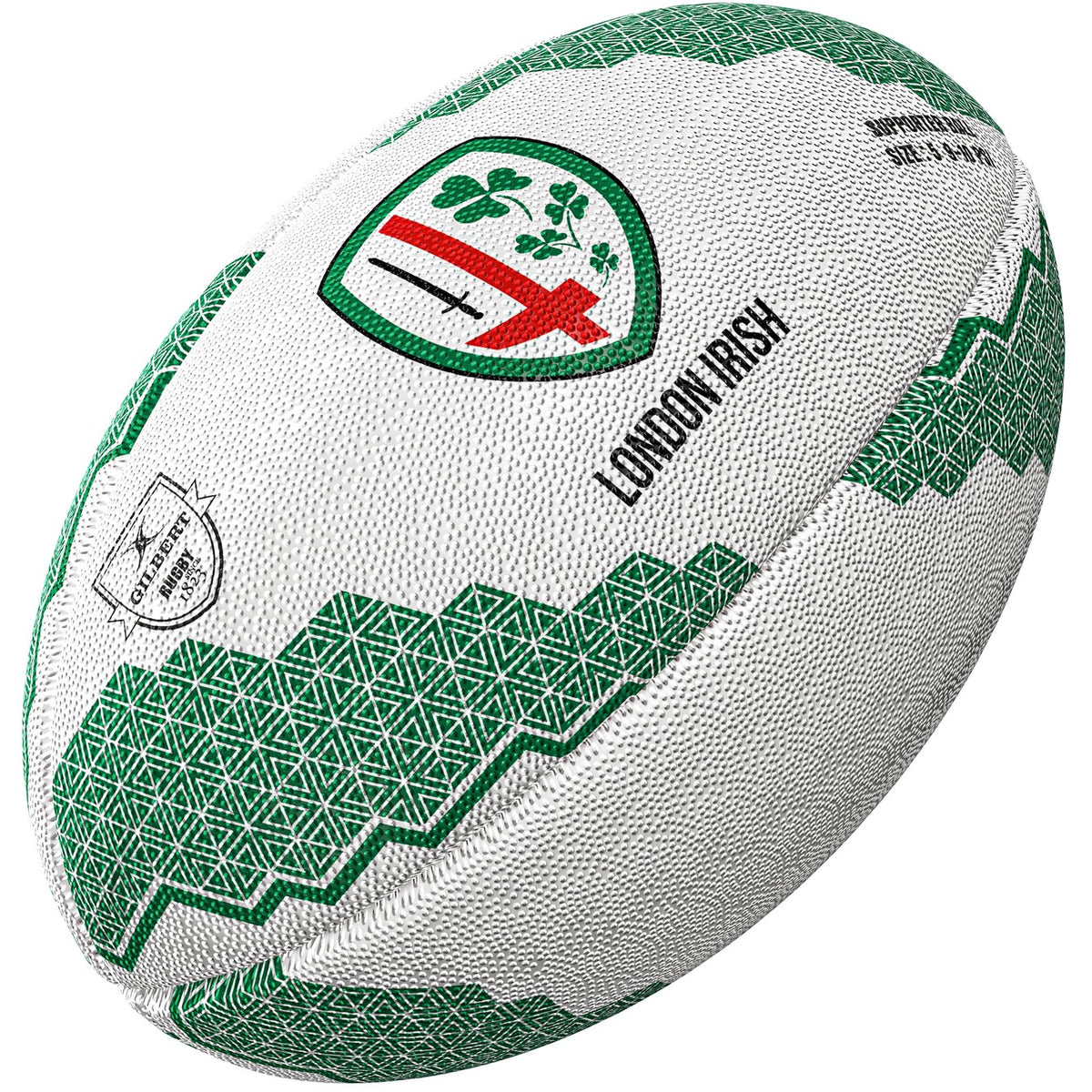 The Gilbert London Irish Supporter Rugby Ball by Gilbert is white with green geometric patterns, features the London Irish logo—a red cross with green shamrocks—plus "London Irish" text. Ideal for any London Irish fan from Gallagher Premiership Rugby.