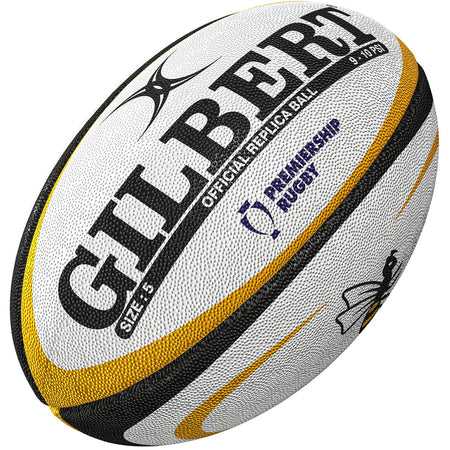 A close-up of the Gilbert Wasps Replica Rugby Ball by Gilbert, with black and yellow accents, a textured surface, and Gallagher Premiership Rugby branding—perfect for rugby supporters.
