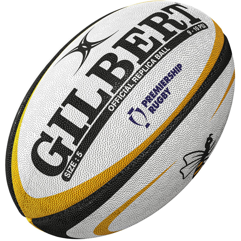 A close-up of the Gilbert Wasps Replica Rugby Ball by Gilbert, with black and yellow accents, a textured surface, and Gallagher Premiership Rugby branding—perfect for rugby supporters.