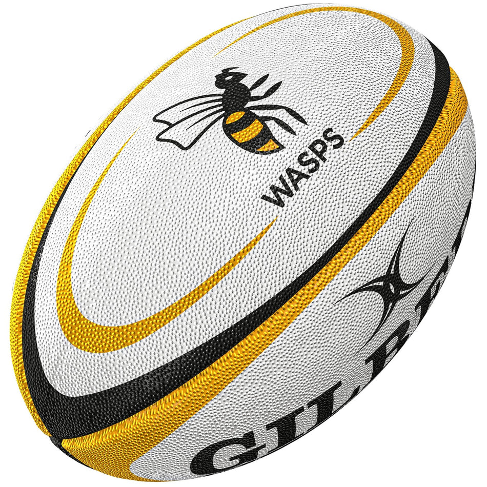 The Gilbert Wasps Replica Rugby Ball by Gilbert features yellow and black accents, a wasp logo, and WASPS text—perfect for Gallagher Premiership Rugby fans or your rugby supporters collection.