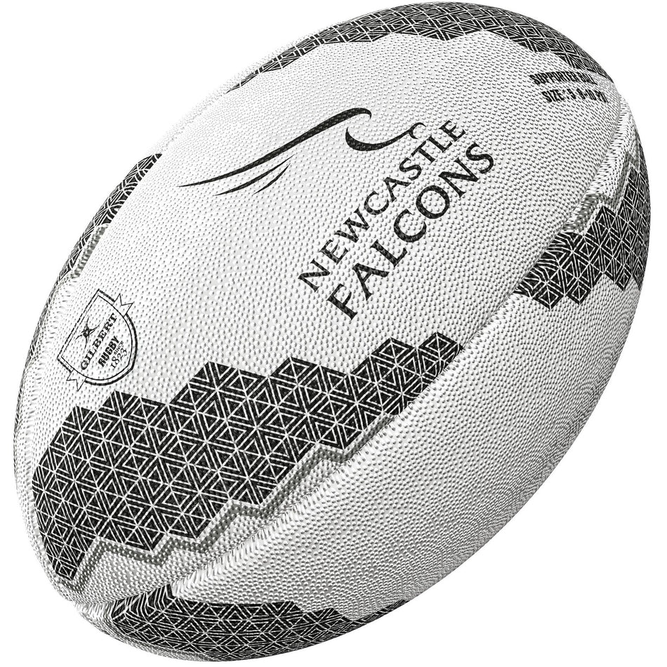 The Gilbert Newcastle Falcons Supporter Rugby Ball by Gilbert features the Newcastle Falcons logo, black geometric patterns, Gallagher Premiership Rugby branding, and a stylized falcon—ideal for any supporter.