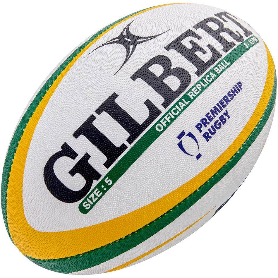 A close-up of the Gilbert Northampton Saints Replica Rugby Ball, size 5, featuring green and yellow stripes with the Gallagher Premiership Rugby logo—a must-have collectible for rugby fans.