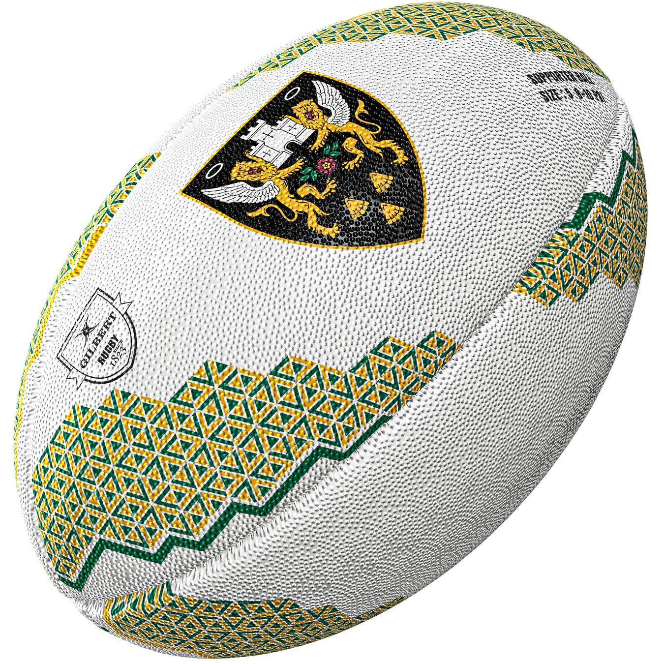 The Gilbert Northampton Saints Supporter Rugby Ball features green and yellow geometric patterns, a black and gold crest with castle and lions, plus the Gallagher Premiership Rugby logo—a must for any fan.