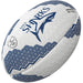 The Gilbert Sale Sharks Supporter Rugby Ball by Gilbert features the iconic shark logo and bold geometric patterns in white and blue—perfect for showing your Gallagher Premiership Rugby pride.