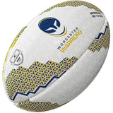 The Gilbert Worcester Warriors Supporter Rugby Ball by Gilbert features blue and yellow geometric patterns, the team logo, and text—making it an ideal rugby gift for any Worcester Warriors fan.