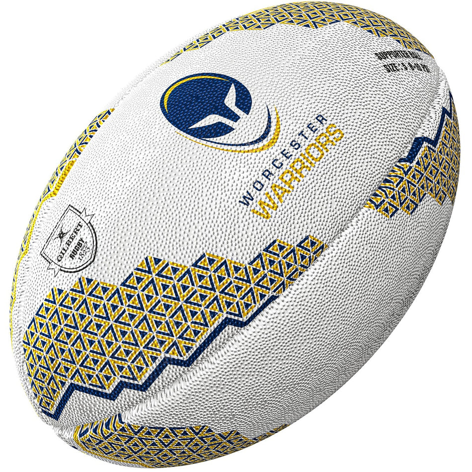 The Gilbert Worcester Warriors Supporter Rugby Ball by Gilbert features blue and yellow geometric patterns, the team logo, and text—making it an ideal rugby gift for any Worcester Warriors fan.