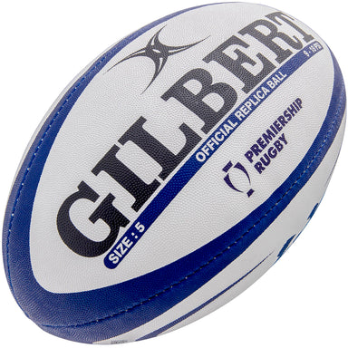 The Gilbert Bristol Bears Replica Rugby Ball is a white and blue Size 5 ball featuring "OFFICIAL REPLICA BALL" and "PREMIERSHIP RUGBY," inspired by the Bristol Bears and made by Gilbert.