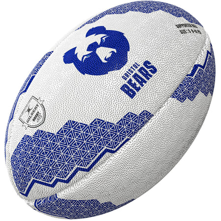 The Gilbert Bristol Bears Supporter Rugby Ball features blue geometric patterns, a bold bear face, and "Bristol Bears" text—perfect for Gallagher Premiership Rugby fans.