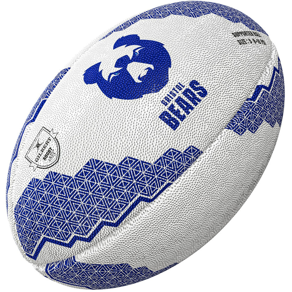The Gilbert Bristol Bears Supporter Rugby Ball features blue geometric patterns, a bold bear face, and "Bristol Bears" text—perfect for Gallagher Premiership Rugby fans.